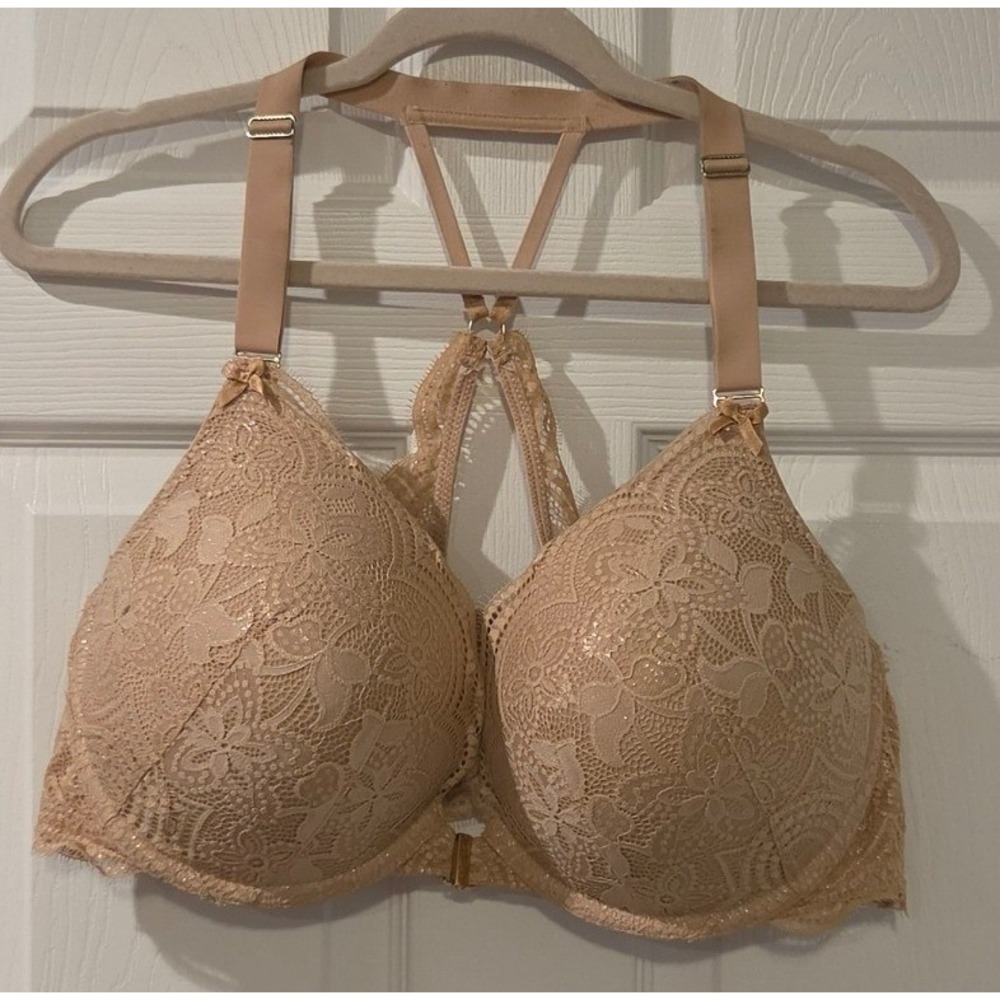 Cacique Boost Plunge Bra 42DD Beige Foiled Lace Racerback Front Close Push Up